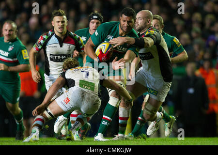 Leicester, UK. 2nd November 2013. Steve MAFI (Leicester Tigers) carries the ball. Action from the Aviva Premiership match between Leicester Tigers and Harlequins played at Welford Road, Leicester on Saturday 2 November 2013. Credit: Graham Wilson / Pipeline Images/ Alamy Live News Stock Photo
