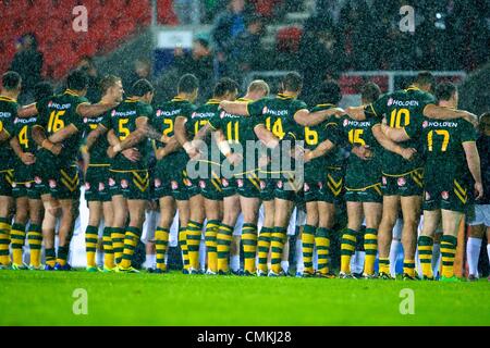 St Helens, UK. 02nd Nov, 2013. Australia line up in the rain before the Rugby League World Cup group A game between Australia and Fiji from Langtree Park Stadium. Credit:  Action Plus Sports/Alamy Live News Stock Photo