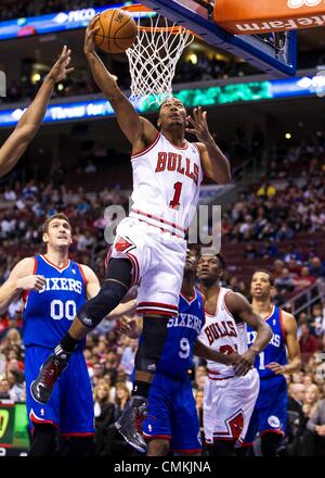 Philadelphia, Pennsylvania, USA. 2nd Nov, 2013. Chicago Bulls point guard Derrick Rose (1) goes up for the shot during the NBA game between the Chicago Bulls and the Philadelphia 76ers at the Wells Fargo Center in Philadelphia, Pennsylvania. Christopher Szagola/Cal Sport Media/Alamy Live News Stock Photo