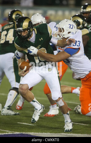Fort Collins, CO, USA. 2nd Nov, 2013. November 2, 2013: Colorado State quarterback Garrett Grayson is tackled by Boise State's Gabe Perez in the first half in Fort Collins. Credit:  csm/Alamy Live News Stock Photo
