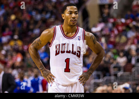 Philadelphia, Pennsylvania, USA. 2nd Nov, 2013. Chicago Bulls point guard Derrick Rose (1) looks on during the NBA game between the Chicago Bulls and the Philadelphia 76ers at the Wells Fargo Center in Philadelphia, Pennsylvania. The 76ers win 107-104. Christopher Szagola/Cal Sport Media/Alamy Live News Stock Photo