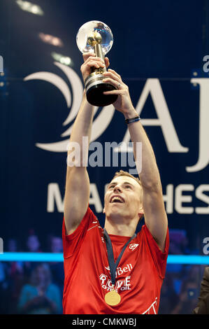 Manchester, UK. 3rd Nov, 2013. England's Nick Matthew celebrates winning the  the 2013 AJ Bell World Squash Championship at Manchester Central, after beating France's Gregory Gaultier after 111 mins in the Final. The victory meant the world title was handed to Matthew for the third time. Credit:  Russell Hart/Alamy Live News. Stock Photo