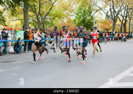 New York, USA. 3rd November 2013. Men's lead pack of runners nearing mile 12 in ING New York City Marathon, November 3, 2013. © Kristin Lee/Alamy Live News Stock Photo