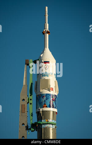 Baikonur Cosmodrome, Kazakhstan . 05th Nov, 2013. The Soyuz TMA-11M rocket, adorned with the logo of the Sochi Olympic Organizing Committee and other related artwork, is seen after being erected into position at the launch pad on Tuesday, Nov. 5, 2013, at the Baikonur Cosmodrome in Kazakhstan. Credit:  dpa picture alliance/Alamy Live News Stock Photo
