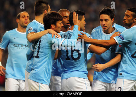 Manchester, UK. 05th Nov, 2013. Manchester City celebrate their penalty goal in the 3rd minute during the Champions League group D game between Manchester City and CSKA Moscow from the City of Manchester Stadium. Credit:  Action Plus Sports/Alamy Live News Stock Photo