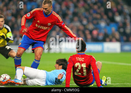 Manchester, UK. 05th Nov, 2013. David Silva of Manchester City is awarded a penalty in the 3rd minute during the Champions League group D game between Manchester City and CSKA Moscow from the City of Manchester Stadium. Credit:  Action Plus Sports/Alamy Live News Stock Photo