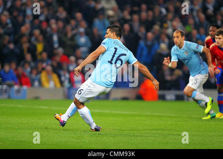 Manchester, UK. 05th Nov, 2013. Sergio Aguero of Manchester City scores the goal from the penalty spot in the 3rd minute during the Champions League group D game between Manchester City and CSKA Moscow from the City of Manchester Stadium. Credit:  Action Plus Sports/Alamy Live News Stock Photo