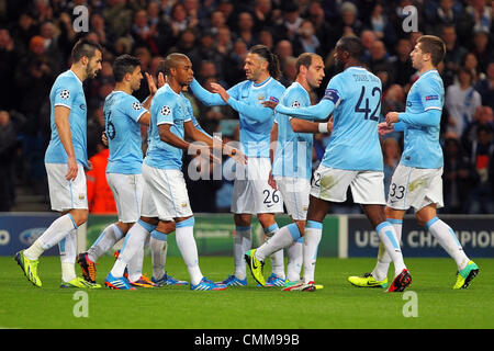 Manchester, UK. 05th Nov, 2013. Sergio Aguero of Manchester City celebrates his goal during the Champions League group D game between Manchester City and CSKA Moscow from the City of Manchester Stadium. Credit:  Action Plus Sports/Alamy Live News Stock Photo