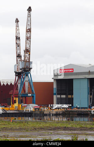 BAE Systems, Govan, Glasgow, Scotland, UK, Wednesday, 6th November, 2013. BAE Systems Shipyard Cranes on the day job cuts were announced. Stock Photo