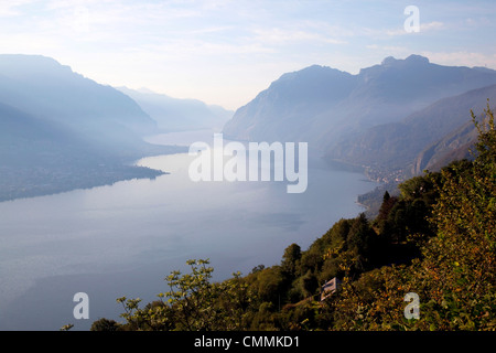 View towards Lecco at sunrise, Civenna, Bellagio, Lake Como, Lombardy, Italian Lakes, Italy, Europe Stock Photo