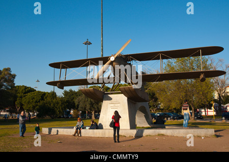 Replica of wartime Santa Cruz aeroplane that transported people to Canary Islands in Belem district Lisbon Portugal Europe Stock Photo