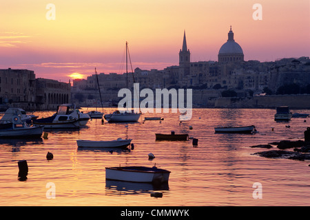 Sunrise over Msida Creek to Valletta with Dome of Carmelite Church, Valletta, Malta, Mediterranean, Europe Stock Photo