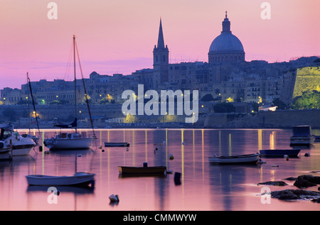 Sunrise over Msida Creek to Valletta with Dome of Carmelite Church, Valletta, Malta, Mediterranean, Europe Stock Photo