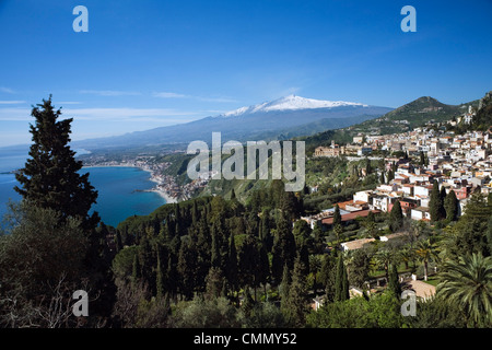 View over Taormina and Mount Etna, Taormina, Sicily, Italy, Mediterranean, Europe Stock Photo