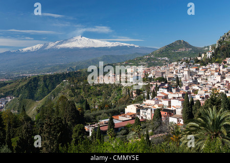 View over Taormina and Mount Etna, Taormina, Sicily, Italy, Europe Stock Photo
