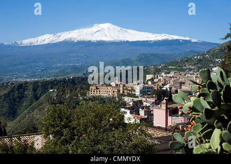 View over Taormina and Mount Etna, Taormina, Sicily, Italy, Europe Stock Photo