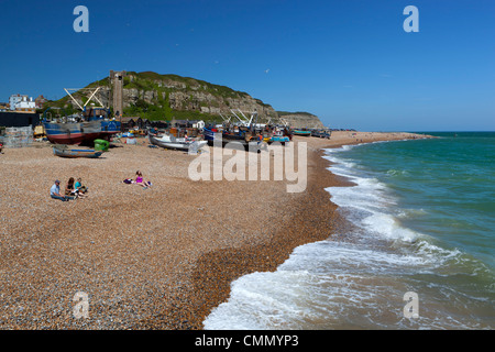 View over the Stade and East Hill, Hastings, East Sussex, England, United Kingdom, Europe Stock Photo