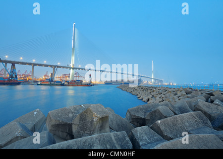 container terminal and stonecutter bridge in Hong Kong  Stock Photo