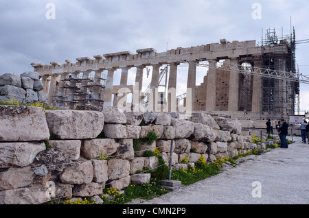 ancient temple Parthenon Acropolis Athens Greece with scaffolding under renovation Stock Photo