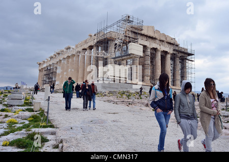 ancient temple Parthenon Acropolis Athens Greece with scaffolding under renovation Stock Photo