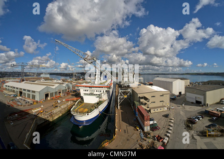Falmouth dockyard and dry dock with the P&O MS Pride of Calais ferry being refitted. Stock Photo