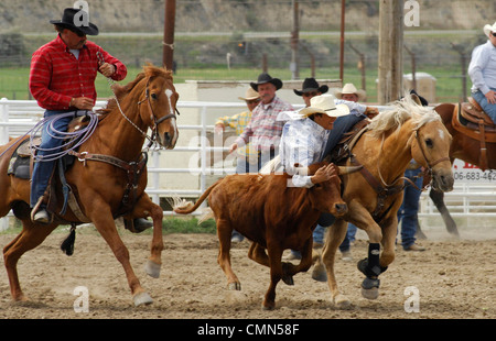 USA, Salmon, Idaho, Steer Wrestling, High School Rodeo Stock Photo