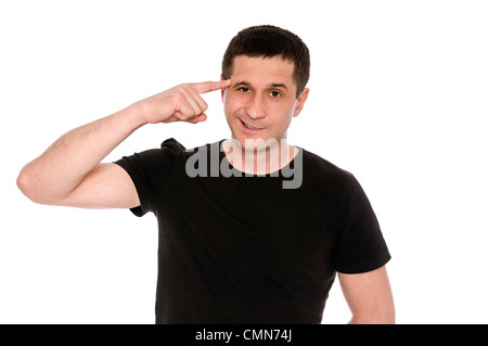 man in black T-shirt shows gesture crazy isolated on white background Stock Photo