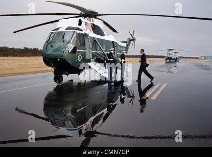 President Barack Obama boards Marine One for departure from Cambridge-Dorchester Airport in Cambridge, Md., Jan. 27, 2012. Stock Photo