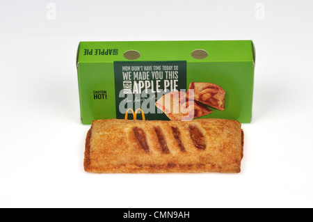 McDonald's hot apple pie in front of packaging on white background cut out USA. Stock Photo