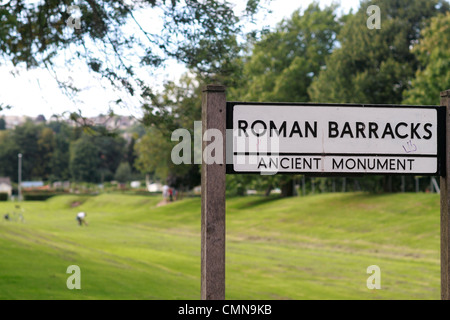 Sign for the Roman Barracks at Caerleon in Gwent. Situated at the Roman Fortress, near Newport (south Wales). Stock Photo