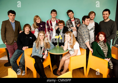 A mixed group of 12 twelve young teenage Aberystwyth university college student friends together, UK Stock Photo