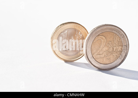 One and two euro coin, isolated on the white background.selective focus Stock Photo