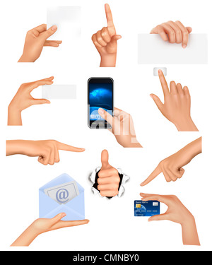 Set of hands holding different business objects. Vector illustration ...