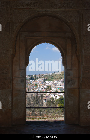 View through Moorish window of the Generalife, Place of Alhambra, Granada, Granada Province, Andalucia, Spain, Western Europe. Stock Photo