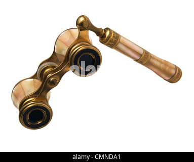 Vintage golden opera glasses isolated on white background Stock Photo