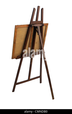 Wooden easel with blank canvas isolated on white background Stock Photo