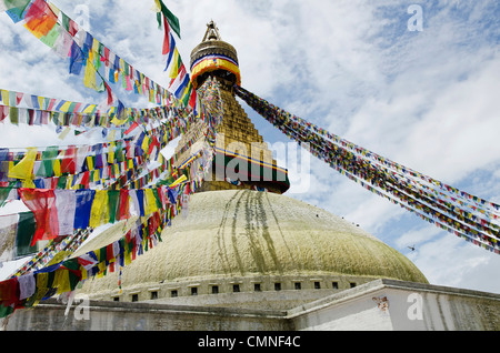 Five color prayer flags with mantras at Bodnath Stupa. Swayambhunath Boudhanath Stock Photo