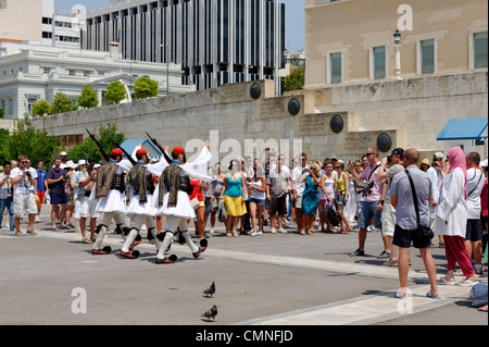 Syntagma square. Athens. Greece. View of Greek Evzones arriving to perform the very slow and highly stylized ceremonial Stock Photo
