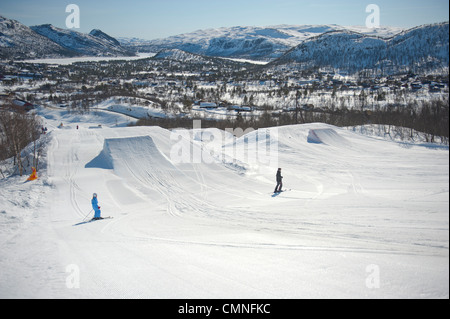 The freestyle park on the slopes of the skiing resort Hovden in southern Norway's Setesday Stock Photo