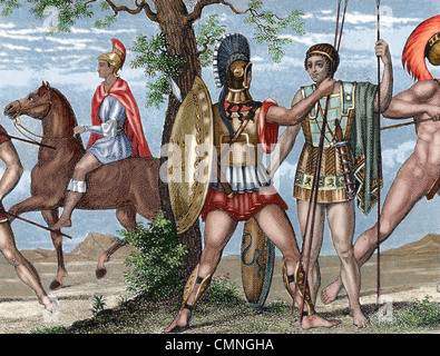 Two Greek soldiers. Heavy infantry, with helmet, shield and armor and Helots, unprotected and with javelin. Stock Photo