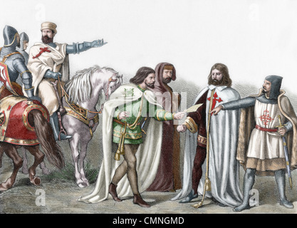 Military Orders. 12th century. From left to right: Knights Templar, Alcantara, Calatrava and Order of Santiago. Stock Photo