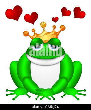 Cute Green Frog Prince with Crown Sitting Illustration Isolated on White Background with Flying Red Hearts Stock Photo