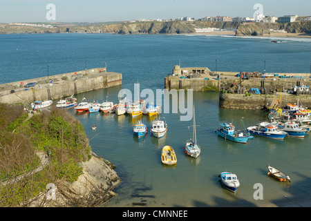 Colourful fishing boats moored in Newquay harbour, Cornwall UK. Stock Photo