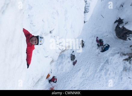 ICe climber lead climbing in Korouoma, Finnish Lapland Stock Photo