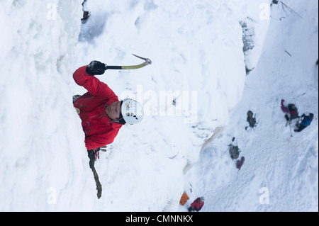 ICe climber lead climbing in Korouoma, Finnish Lapland Stock Photo