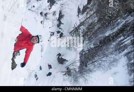 ICe climber lead climbing in Korouoma, Finnish Lapland Stock Photo