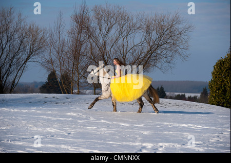 A young woman rides a white horse across a snowy landscape wearing a yellow prom dress. Stock Photo