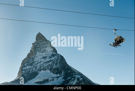 A chairlift in Zermatt with Matterhorn in the background. Stock Photo