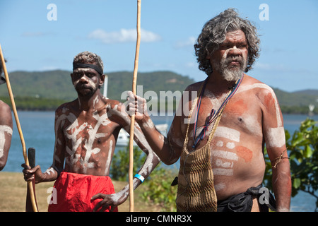 Indigenous men from Guugu Yimithirr tribe during re-enactment of Captain Cook's landing.  Cooktown, Queensland, Australia Stock Photo