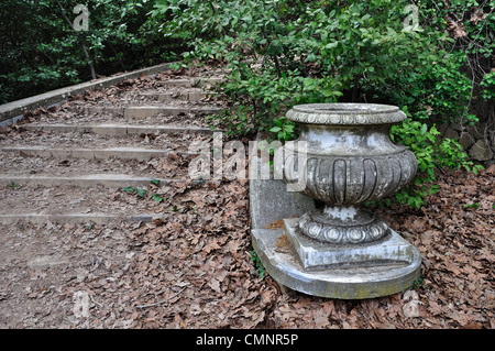 Vintage staircase covered with brown leaves in Tatoi estate summer residence of former Greek royal family now public park. Stock Photo